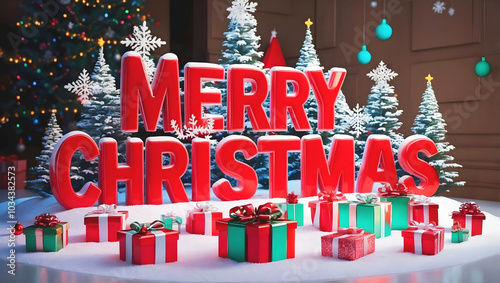 merry Christmas background, festive template, decorative wallpaper, red 3d text	