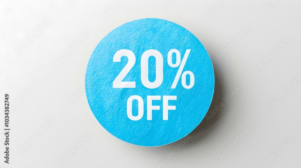 White '20% OFF' Text on a Blue Round Paper Note. White Background with Copy Space White '20% OFF' Text on a Blue Round Paper Note. White Background with Copy Space
