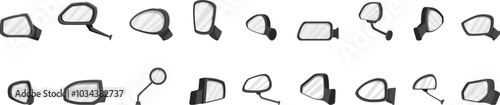 Side rear view mirror icons set. This collection of car rearview mirror icons provides a variety of styles and angles, emphasizing the importance of clear visibility on the road