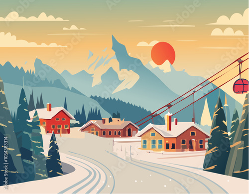 Retro poster vintage ski vacation vector art skiing and old chairlift