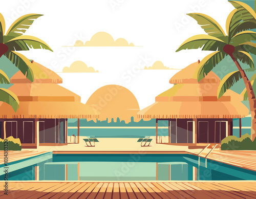 Retro vintage poster style art vector vacation themed, summer pool and tropics