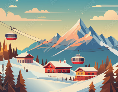 Retro poster vintage ski vacation vector art skiing and old chairlift