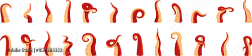 Octopus tentacle icons set. Set of red octopus tentacles showing different poses