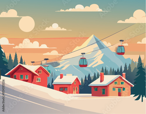 Retro poster vintage ski vacation vector art skiing and old chairlift