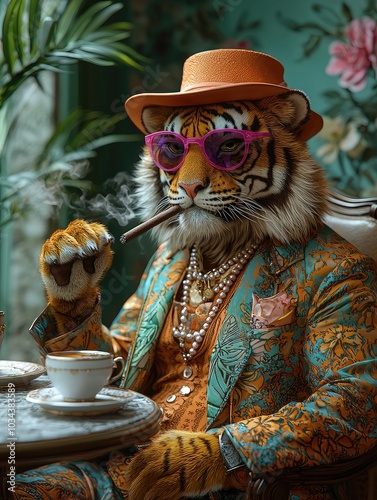 A colorful anthropomorphic tiger in a vibrant suit