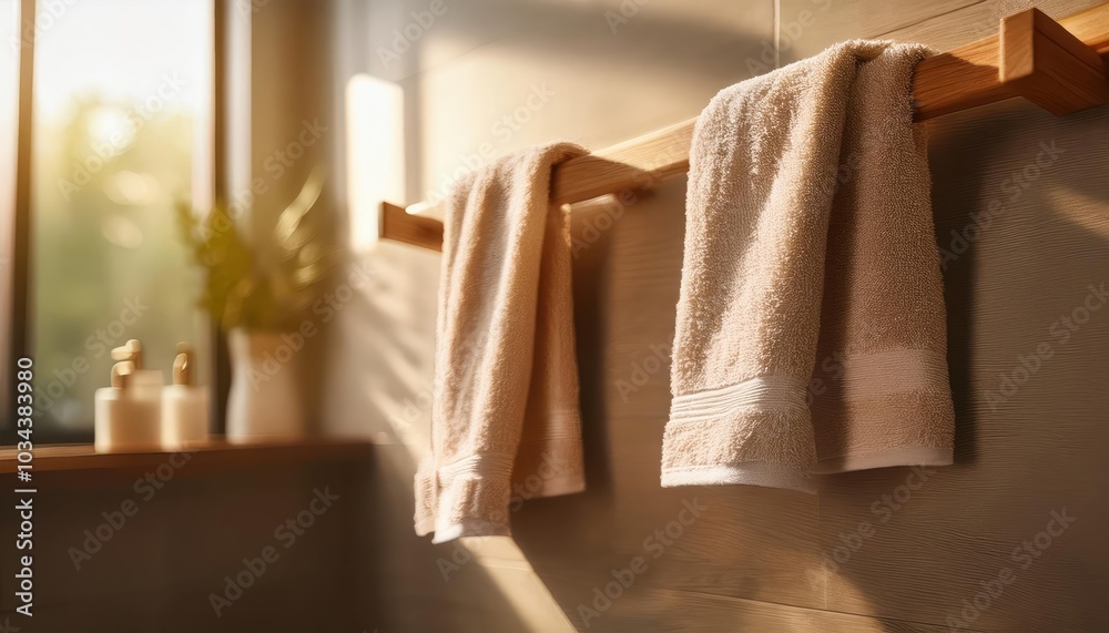 A soft, neutral towel hanging on a wooden rack, illuminated by natural light, perfect A soft, neutral towel hanging on a wooden rack, illuminated by natural light, perfect