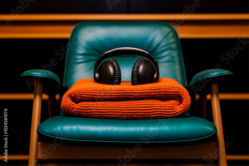 Mid-century therapy chair with orange blanket and headphones for ketamine session at a therapy clinic