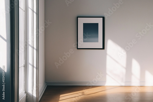 minimalist interior space featuring a mockup of a frame for an art painting on the wall with beautiful interior