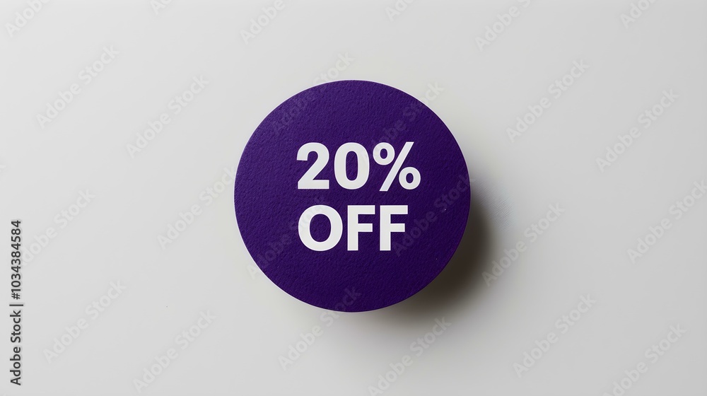 White '20% OFF' Text on a Dark Purple Round Paper Note. White Background with Copy Space White '20% OFF' Text on a Dark Purple Round Paper Note. White Background with Copy Space