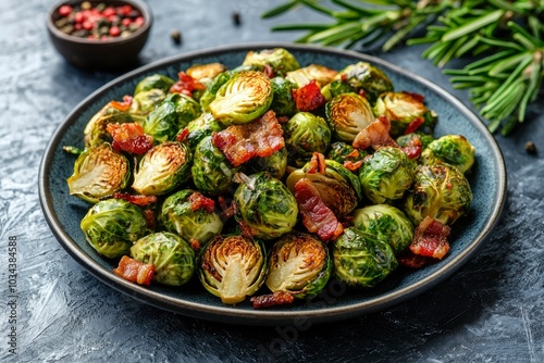 Roasted Brussel Sprouts with Crispy Bacon on a Plate