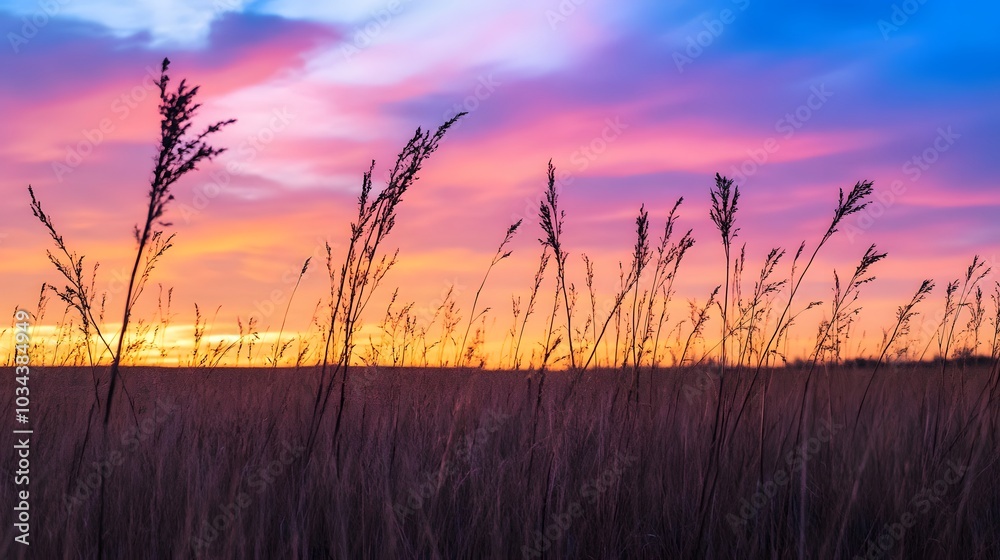 Fototapeta premium Dry plants crouch in the field in the wind during sunset. 