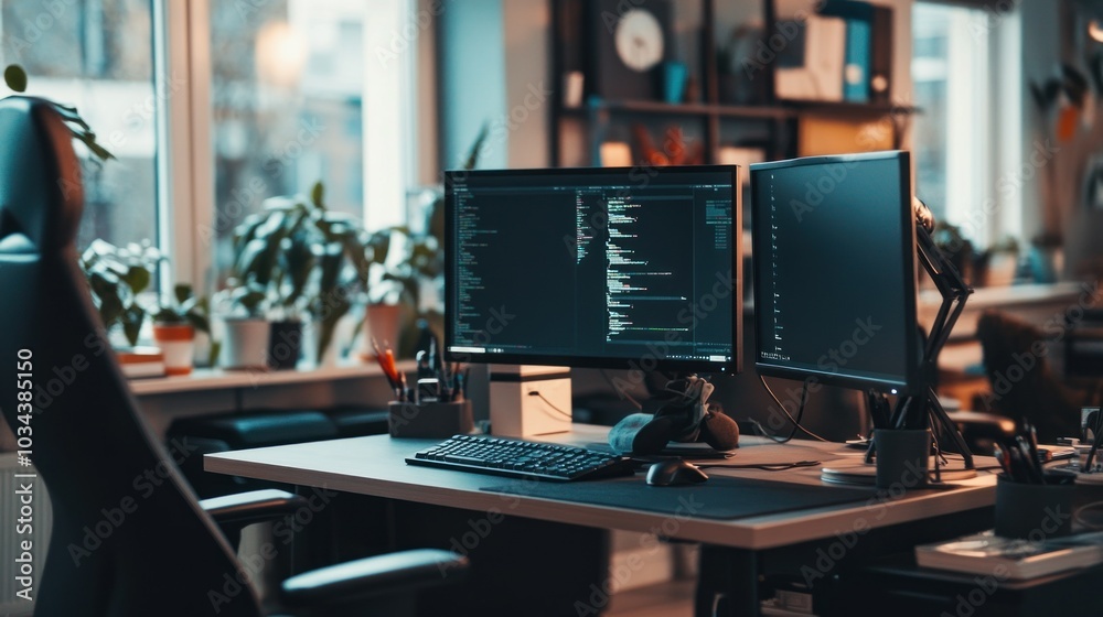 Modern Home Office Workspace with Dual Monitors and Code on Screen Modern Home Office Workspace with Dual Monitors and Code on Screen