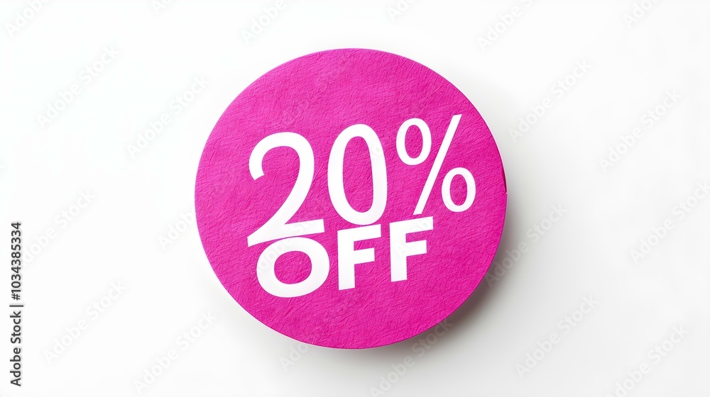 White '20% OFF' Text on a Fuchsia Round Paper Note. White Background with Copy Space White '20% OFF' Text on a Fuchsia Round Paper Note. White Background with Copy Space