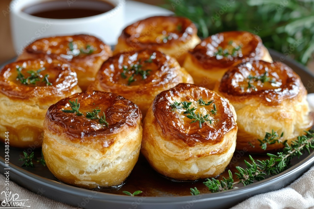 Golden Puff Pastry Pastries with Thyme Garnish on a Grey Plate Golden Puff Pastry Pastries with Thyme Garnish on a Grey Plate