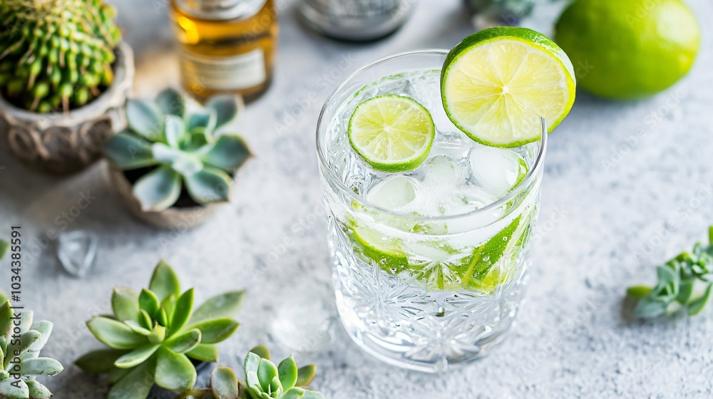 Bubbly Ranch Water with a lime garnish, isolated on a light gray surface, surrounded by decorative tequila bottles and mini succulents