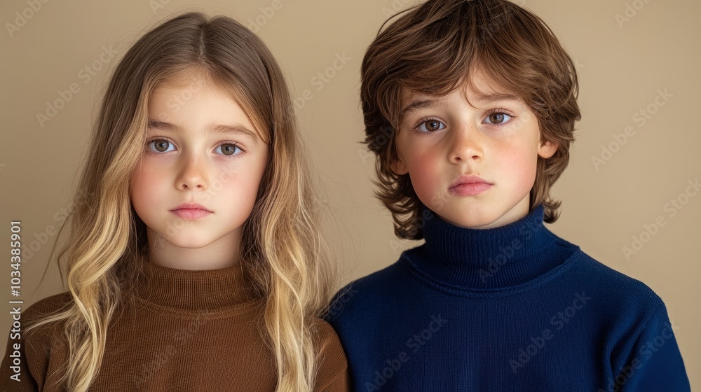A charming portrait featuring a sister and a boy standing next to each other, embodying the joy and companionship of their sibling-like bond.
