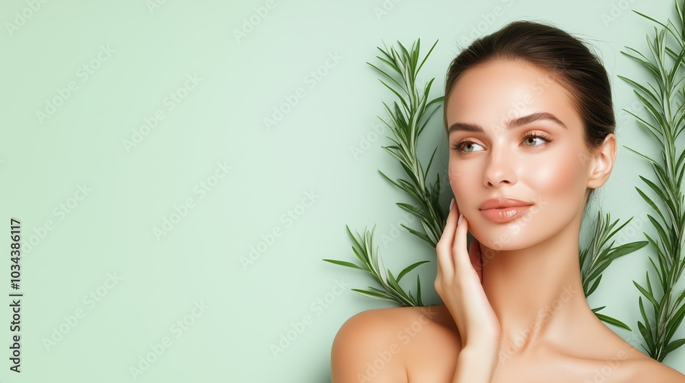 A beautiful woman showcases her organic beauty routine with earthy skincare products against a solid bold background A beautiful woman showcases her organic beauty routine with earthy skincare products against a solid bold background
