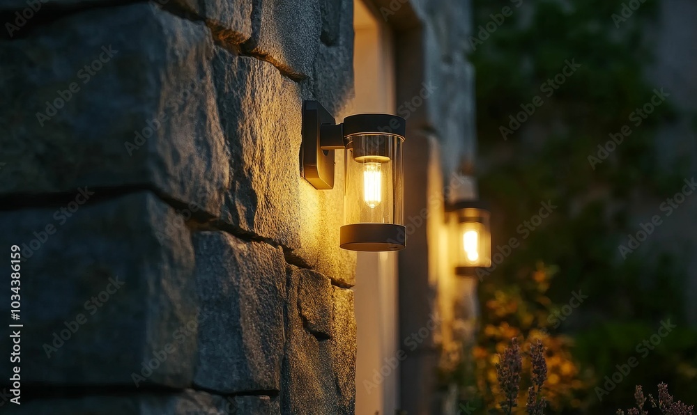 A stone wall with a lit lamp. A stone wall with a lit lamp.