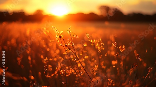 Dry plants crouch in the field in the wind during sunset. 