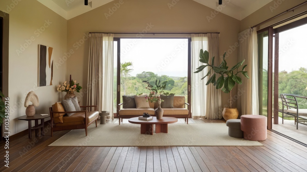 Fototapeta premium A living room with a couch, chairs, and a table with a view of the ocean.