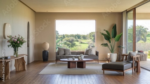 A living room with a couch, chairs, and a table with a view of the ocean.