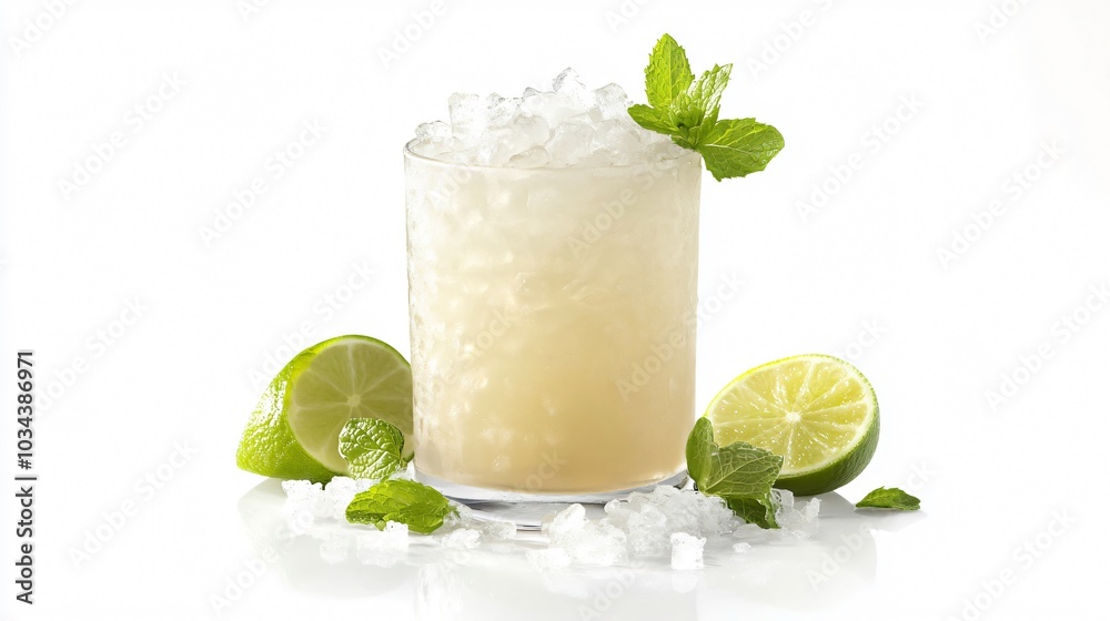 Ranch Water cocktail with crushed ice, isolated on a white background with decorative lime wedges and mint sprigs Ranch Water cocktail with crushed ice, isolated on a white background with decorative lime wedges and mint sprigs