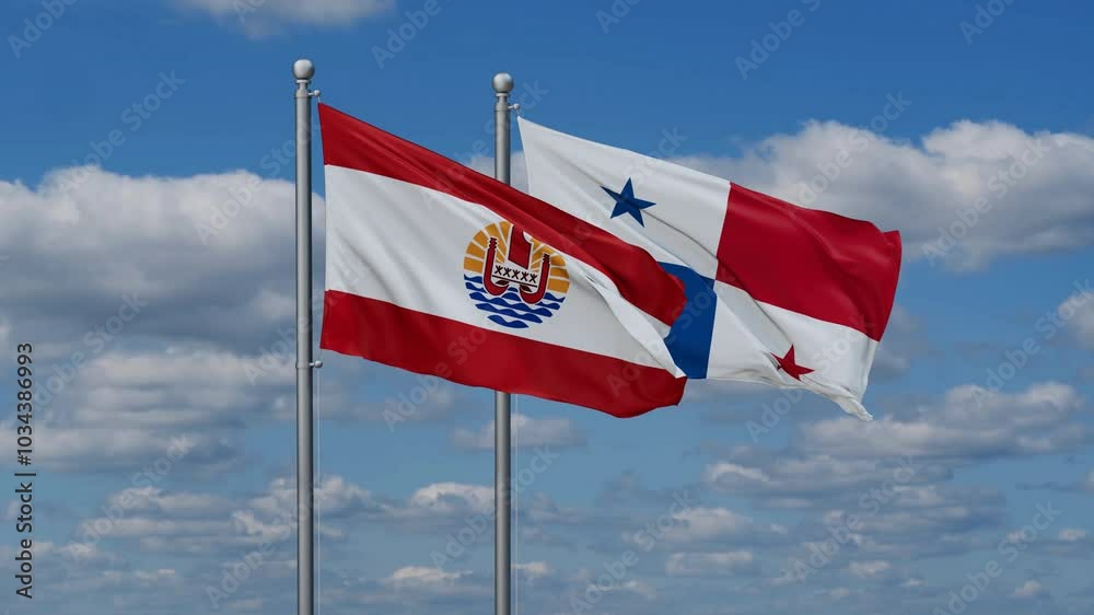 Panama and French Polynesia flags flying together, video concept of the relationship, two country relations concept Panama and French Polynesia flags flying together, video concept of the relationship, two country relations concept