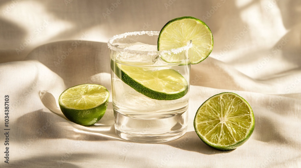 Ranch Water cocktail with lime and Topo Chico, isolated on a beige linen cloth with decorative salt rim and fresh lime slices Ranch Water cocktail with lime and Topo Chico, isolated on a beige linen cloth with decorative salt rim and fresh lime slices