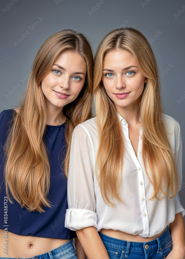 Portrait of model sisters with long hair Portrait of model sisters with long hair
