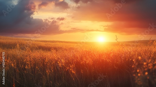 Dry plants crouch in the field in the wind during sunset. 