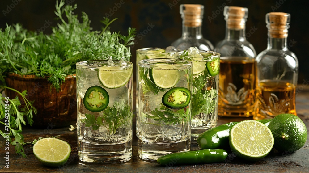 Ranch Water with jalapeno slices and lime wedges, isolated on a dark background with decorative tequila bottles and fresh herbs Ranch Water with jalapeno slices and lime wedges, isolated on a dark background with decorative tequila bottles and fresh herbs
