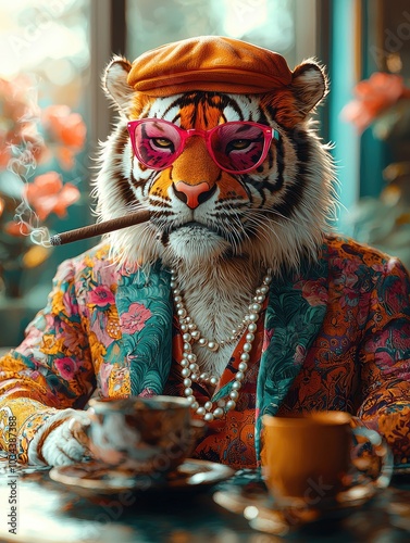 A colorful anthropomorphic tiger in a bright suit smokes a cigar