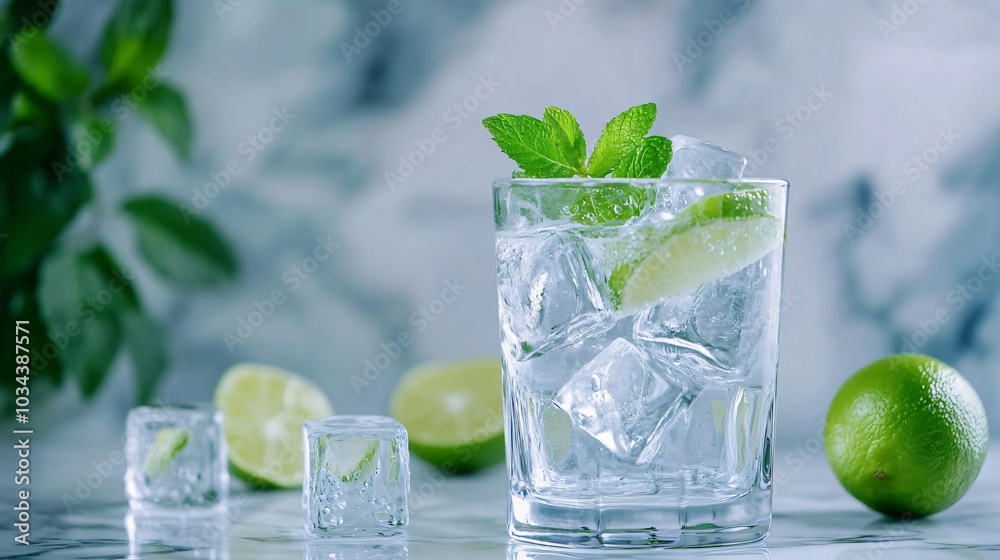 Refreshing Ranch Water in a glass with ice cubes, isolated on a marble background with decorative lime wedges and mint sprigs Refreshing Ranch Water in a glass with ice cubes, isolated on a marble background with decorative lime wedges and mint sprigs