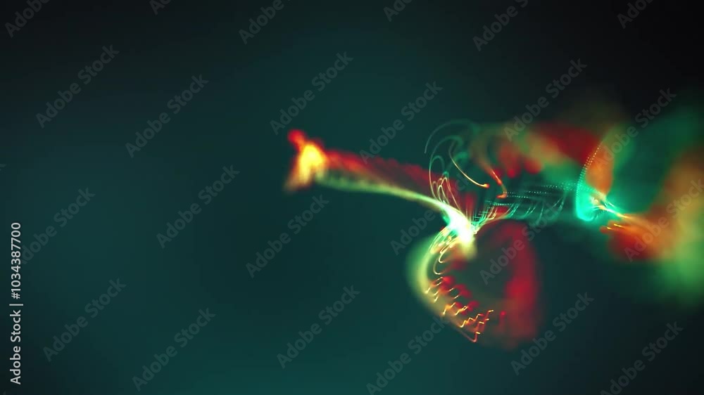 Abstract green and red light trails on a black background.