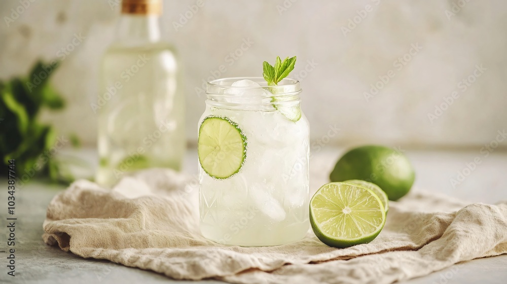 Refreshing Ranch Water with crushed ice, isolated on a beige napkin with decorative slices of lime and tequila bottles Refreshing Ranch Water with crushed ice, isolated on a beige napkin with decorative slices of lime and tequila bottles