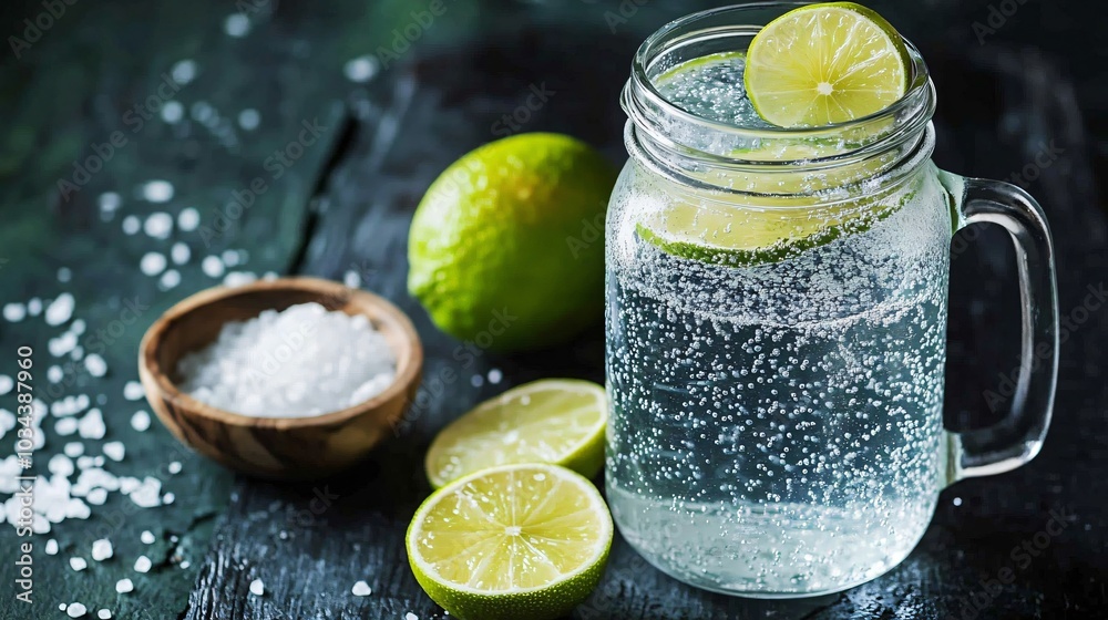 Sparkling Ranch Water in a mason jar, isolated on a dark wooden surface with decorative lime halves and a small bowl of sea salt Sparkling Ranch Water in a mason jar, isolated on a dark wooden surface with decorative lime halves and a small bowl of sea salt