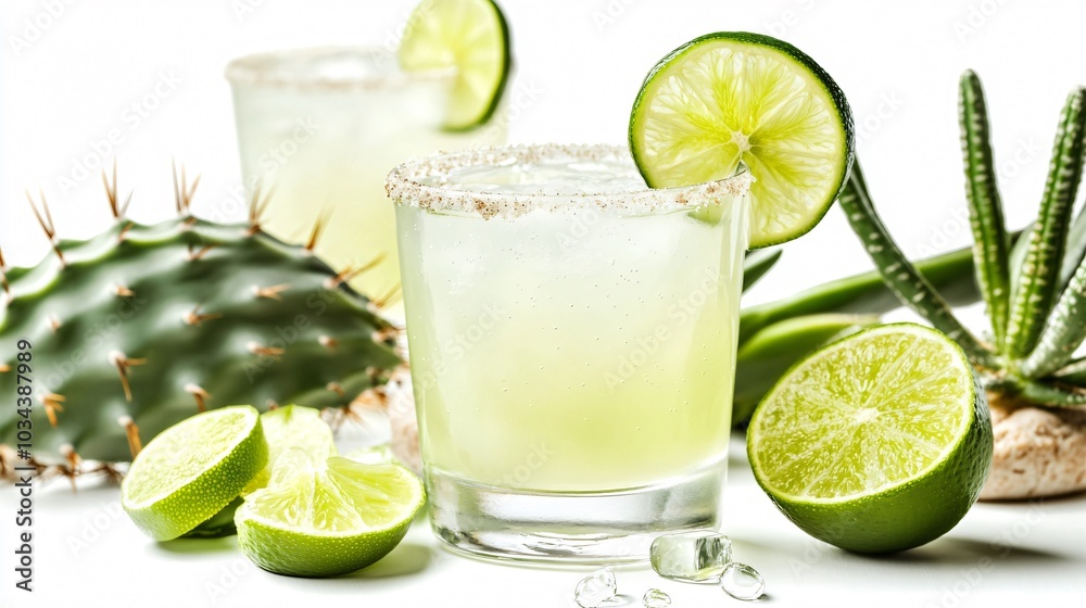 Sparkling Ranch Water with lime garnish, isolated on a white background with decorative agave syrup and cactus plants Sparkling Ranch Water with lime garnish, isolated on a white background with decorative agave syrup and cactus plants
