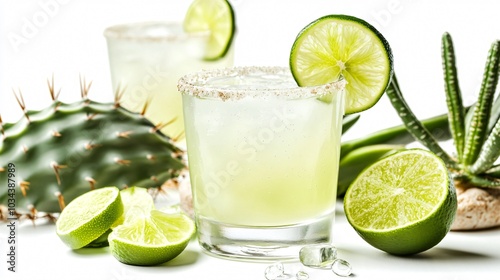 Sparkling Ranch Water with lime garnish, isolated on a white background with decorative agave syrup and cactus plants