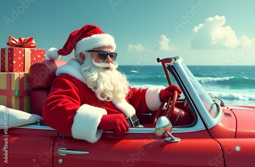 Santa Claus with sunglasses driving a car. Ocean view in the background. 