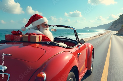 Santa Claus with sunglasses driving a car on road. Ocean view in the background. 