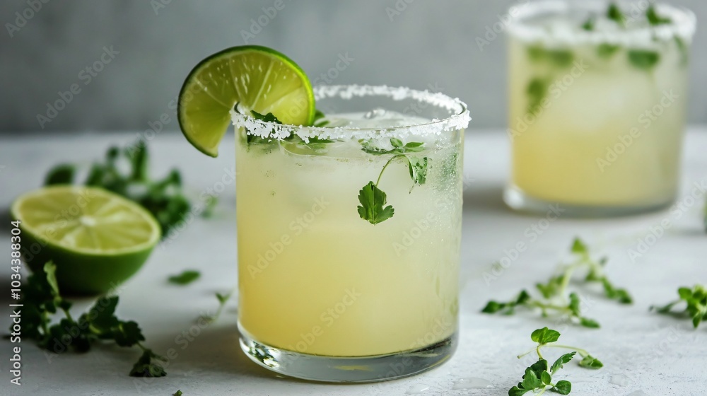 Fototapeta premium Sparkling Ranch Water with salt rim, isolated on a light gray surface with decorative lime wedges and fresh herbs