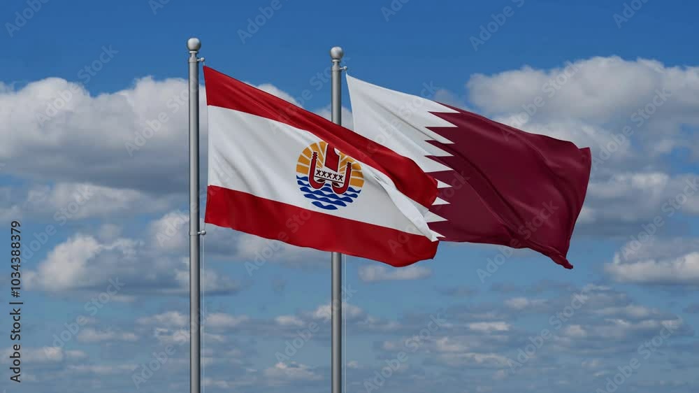 Qatar and French Polynesia flags flying together, video concept of the relationship, two country cooperation concept Qatar and French Polynesia flags flying together, video concept of the relationship, two country cooperation concept