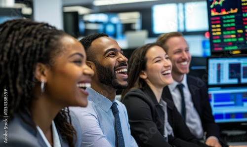 Four colleagues laugh together in a corporate office.