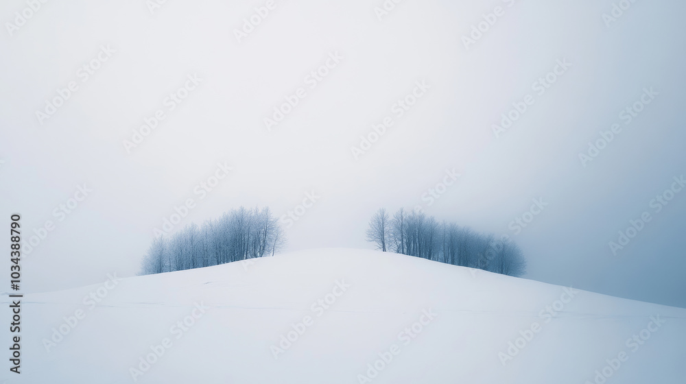 Fototapeta premium Bare trees in two groups stand on a snow-covered hilltop on a foggy winter day
