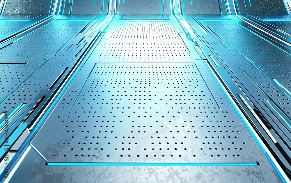 Obraz premium Futuristic metallic floor embedded with blue lighting and perforated patterns in a technologically advanced environment