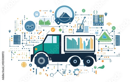 An illustrated truck transporting data analytics symbols in a vibrant infographic style