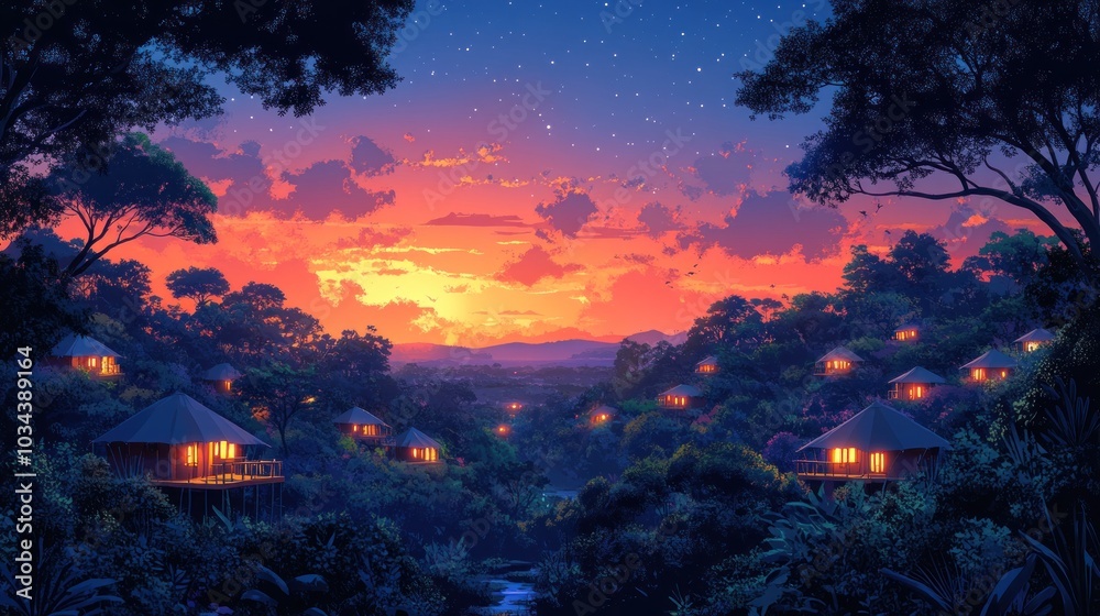 Naklejka premium Sunset Over Jungle Cabins