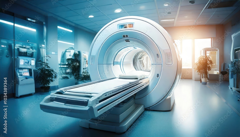 A wide shot of a huge MRI scanner in hospital. A wide shot of a huge MRI scanner in hospital.