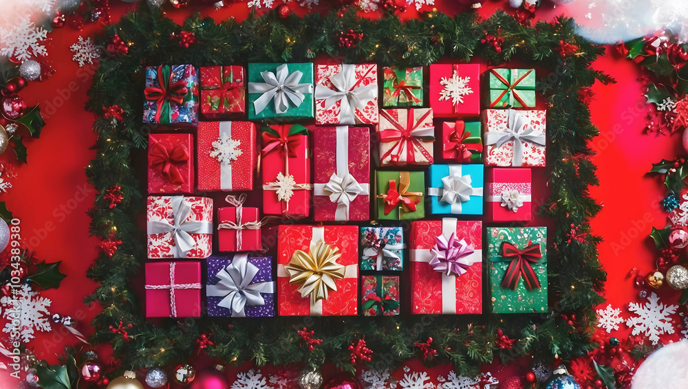 Merry Christmas red template with copy space area, festive background, Christmas gifts concept