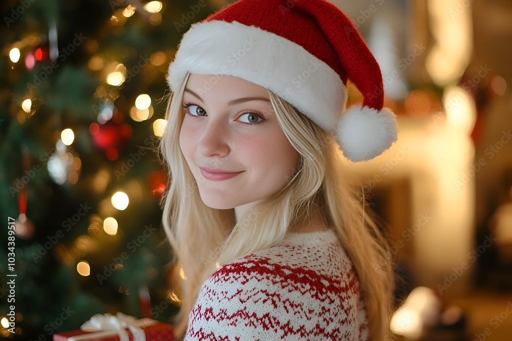 Woman with blonde hair in Santa hat looking at the camera. Christmas tree in the background. Woman with blonde hair in Santa hat looking at the camera. Christmas tree in the background.